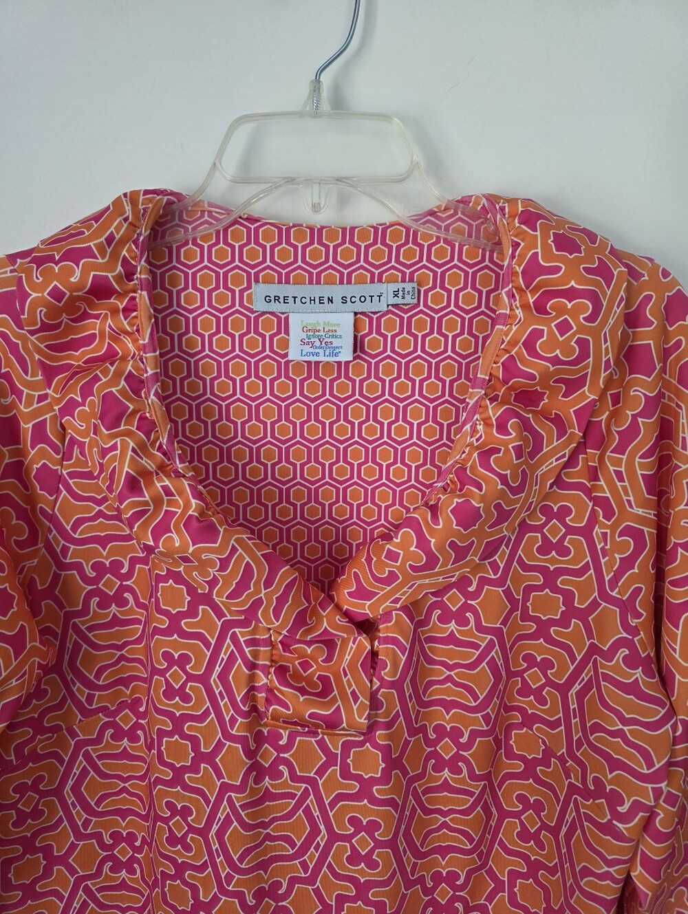 Gretchen Scott Ruffle Neck In Rio Grace Pink and Orange Patterned Dress - Picture 11 of 16